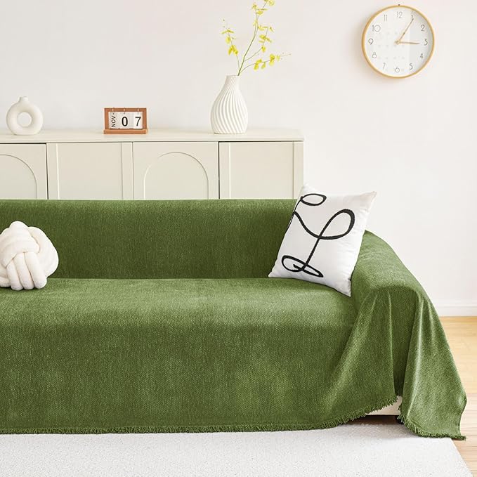 hyha Couch Cover for Dogs, Boho Sofa Covers for 3 Cushion Couch Washable, Chenille Sofa Slipcover for Pets, Soft Loveseat Sectional Couch Throw Blankets with Tassels (Green, 88.5x150 Inch)