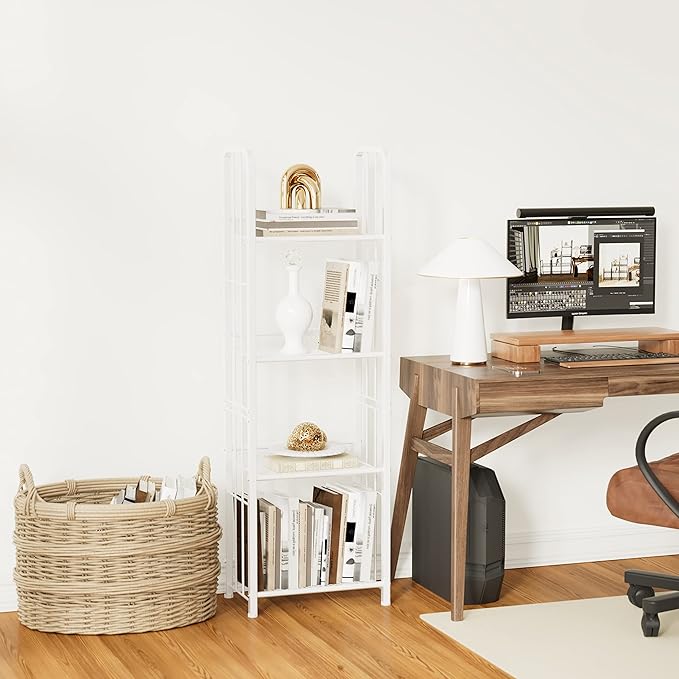 Bookshelf Storage Shelf Small Bookcase Freestanding Storage Stand for Living Room Bedroom, Kitchen, Rust Resistance, Easy Assembly Free Combination Multi-Functional Organizer (4 Tiers, White)
