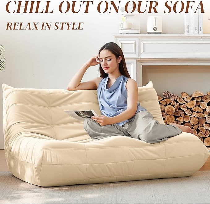 Bean Bag Chair, Loveseat Fireside Chair Bean Bag Sofa for Adults, 2 Seater Bean Bag Chairs for Teens with High-Resilience Foam, Memory Foam Bean Bag for Living Room, Bedroom, Office (Suede, Beige)