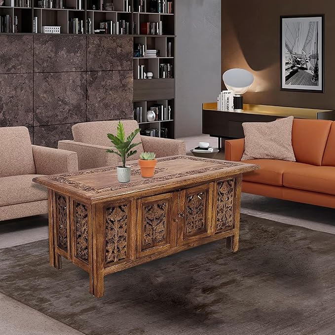 Lightnpro Handmade Wooden Coffee Table - Pre-Assembled Rectangular Foldable Living Room Centre Table with Magazine & Paper Storage, Space-Saving Design - 36 Inch Burnt Antique Finish