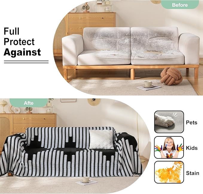 Boho Sofa Cover, Couch Covers for 3 Cushion Couch Sofa Pet Friendly, Sofa Cover Washable, Soft Chenille Living Room Couch Covers Slipcover, Pet Furniture Protecto (2# Black, 71" x 150")