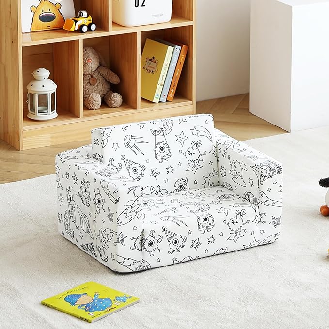 Tiita Kids Sofa Couch, Convertible Children Couch to Lounger, Toddler Comfy Sofa with Cute Graffiti Pattern Design for Girls and Boys, Graffiti
