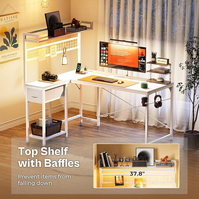 PRAISUN L Shaped Gaming Desk with Shelves, Corner Computer Table with LED Lights, Power Outlets and USB-C Ports, 50 Inch Reversible Home Office Desk with Storage Drawer, for Work and Study, White