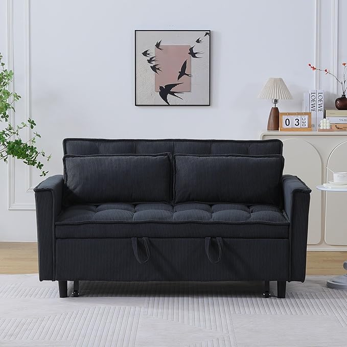 Ball & Cast Convertible Sleeper Sofa Bed,Convertible Pull Out Couch with 2 Pillows,Adjustable Backrest & Side Pocket,Loveseat Futon Sofa Bed for Living Room,Apartment,Corduroy Fabric,Dark Gray,54"