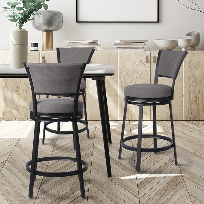 Bar Stools, Modern Counter Height Barstools Set of 2, 25" Faux Leather Round Swivel Bar Stools with Backrest, Upholstered Metal Bar Chairs for Kitchen Island, Kitchen Counter, Pub, Grey