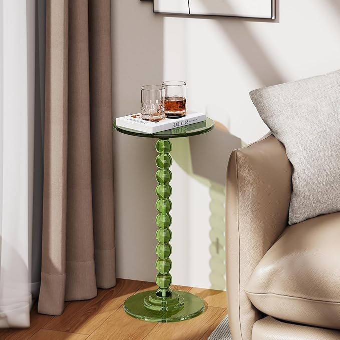 Acrylic Side Table, End Table Round Top with Solid Post for Living Room, Bedroom, Balcony, Easy Assembly (Pedestal, Green)