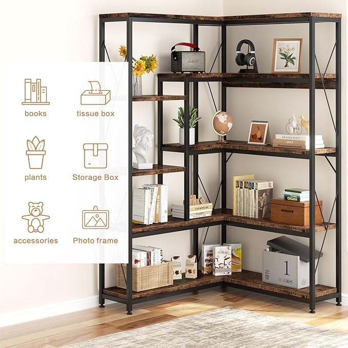 Shintenchi 5 Tiers Corner Bookshelf, 70.86" Tall L-Shaped Bookcase, Large Corner Etagere Bookcase, Corner Shelf Display Storage Rack with Metal Frame for Living Room Home Office, Rustic Brown