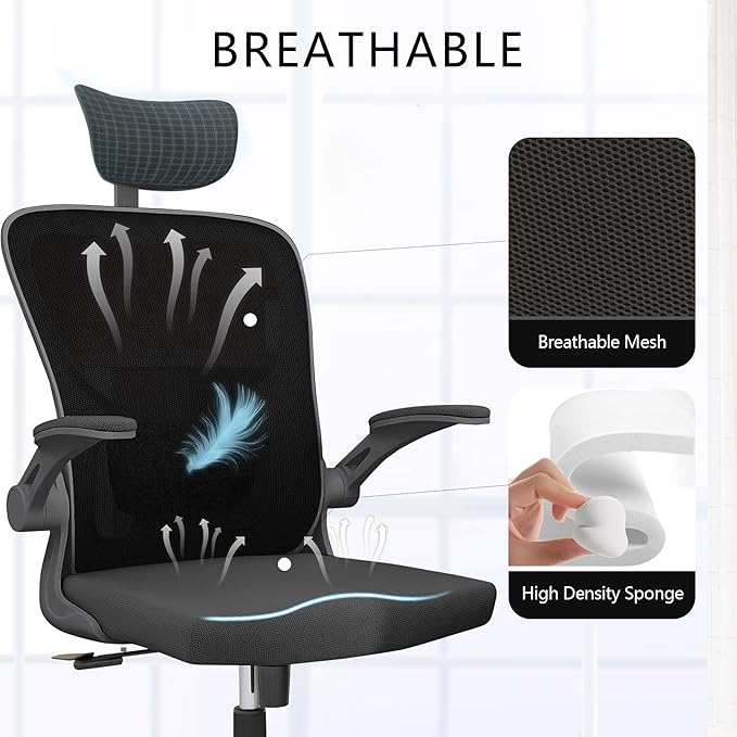 Ergonomic Office Chair, High-Back Mesh Computer Desk Chair with Adjustable Height, Lumbar Support, Flip-Up Armrests,headrest，and Swivel Rolling Design for Home and Office Use