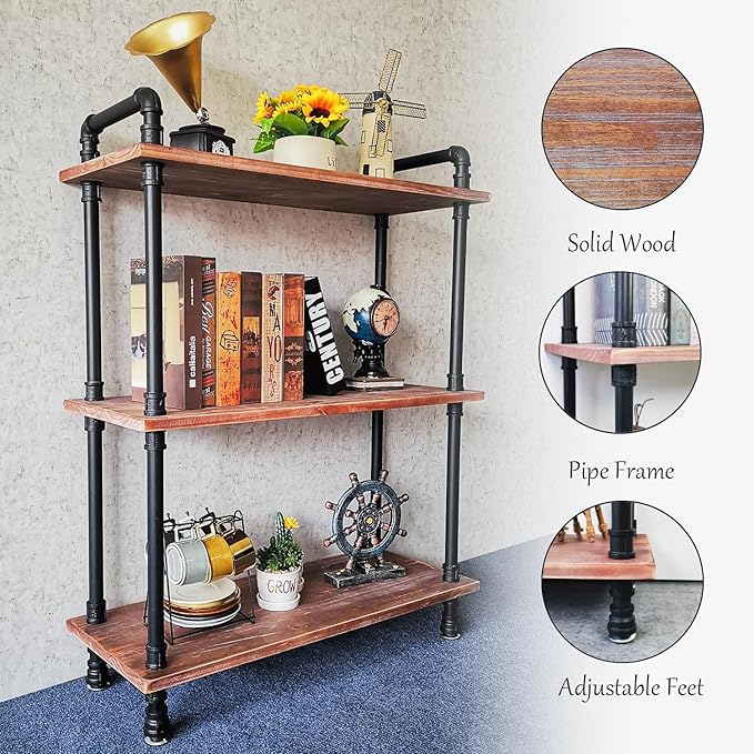 Industrial Bookshelf, 3 Tier Pipe Shelving, Industrial Pipe Shelf - Weathered Brown, 29.5" L x 11.8" W x 39" H