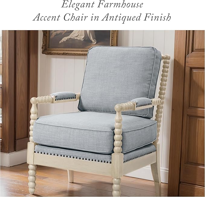 Madison Park Accent Chairs for Living Room Farmhouse Modern Armchair, Solid Wood, Antiqued Finish, Upholstered Seat Removable, Bedroom Lounge for Reading, 25.5" W, Light Blue/Antique Cream