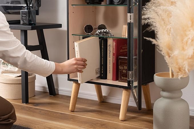 PaletteLife Arched Figurine-Case 4 Tier Collection Shelf, Oak Wood Grain with Glass Door and 2 Movable Glass Shelves, No Mirror, Black, PT-621BK