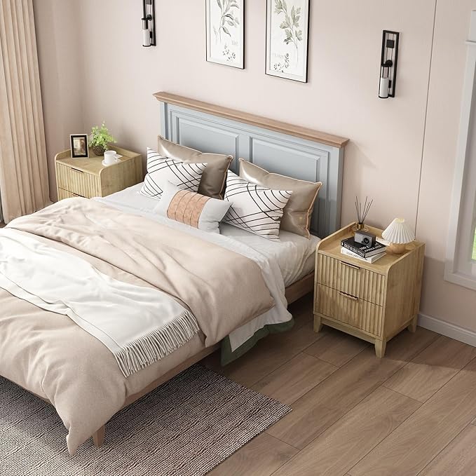 Wnutrees Fluted Nightstand with Charging Station, Modern Bedside Table with 2 Drawers, Farmhouse Wooden End Side Table for Living Room, Natural