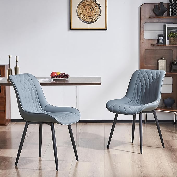 YOUNIKE Dining Chairs Set of 2 with High Back Mid Century Modern Kitchen & Dining Room Chairs PU Faux Leather Upholstered Wide Comfortable Padded Accent Chair for Living Room Bedroom Greyish Green