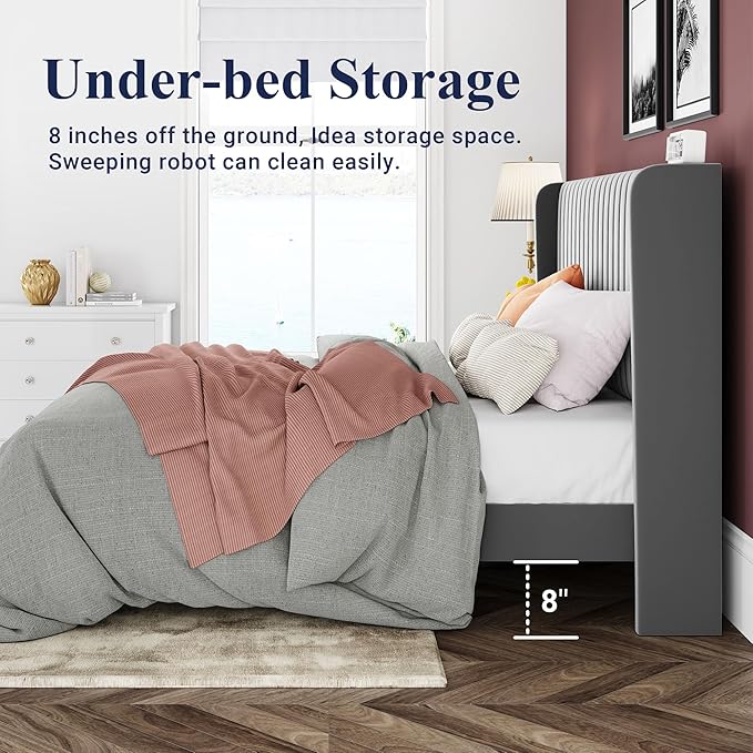 Allewie Full Size Velvet Bed Frame/Vertical Channel Tufted Wingback Headboard/Upholstered Platform Bed/Strong Wooden Slats/No Box Spring Needed/Easy Assembly/Grey