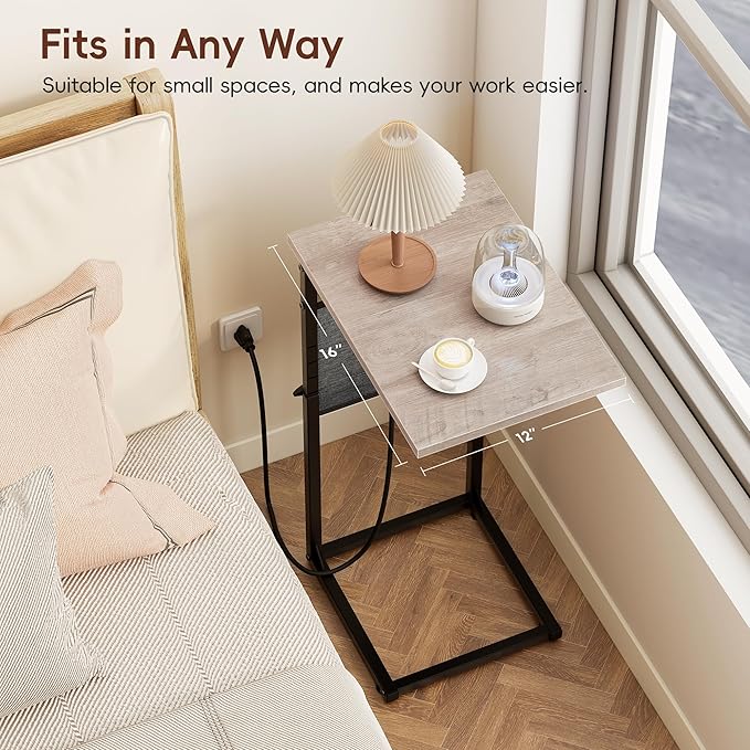 VAGUSICC C Shaped End Table with Charging Station, Adjustable Height Side Table for Couch Recliner, Small Sofa Table with Storage Bag, Slide Under Sofa TV Tray Arm Table for Living Room, Bedroom, Gray