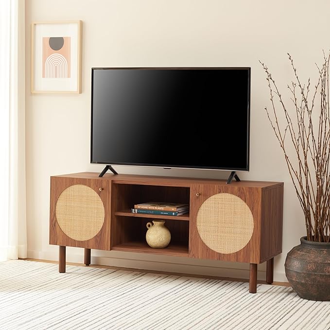 SAFAVIEH Ophelia TV Stand for up to 55" Flatscreen – Walnut, 2 Doors with Interior Storage, 2 Open Shelves, Entertainment Media Console (MED9615A)