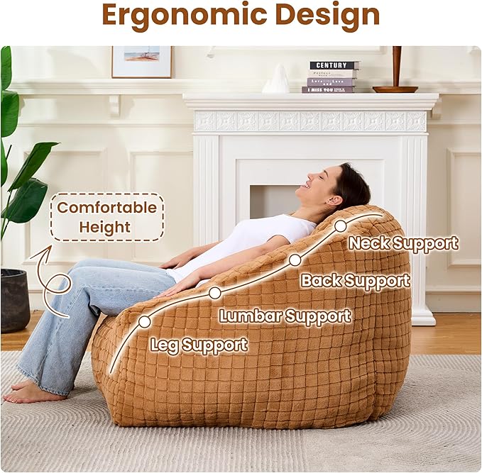 Bean Bag Chairs for Adults, Giant Beanbag Sofa Comfy Reading Chair, Oversized Bean Bag Chairs for Living Room Bedroom, Soft Faux Fur Fabric, 3.2FT, Khaki, Checkered