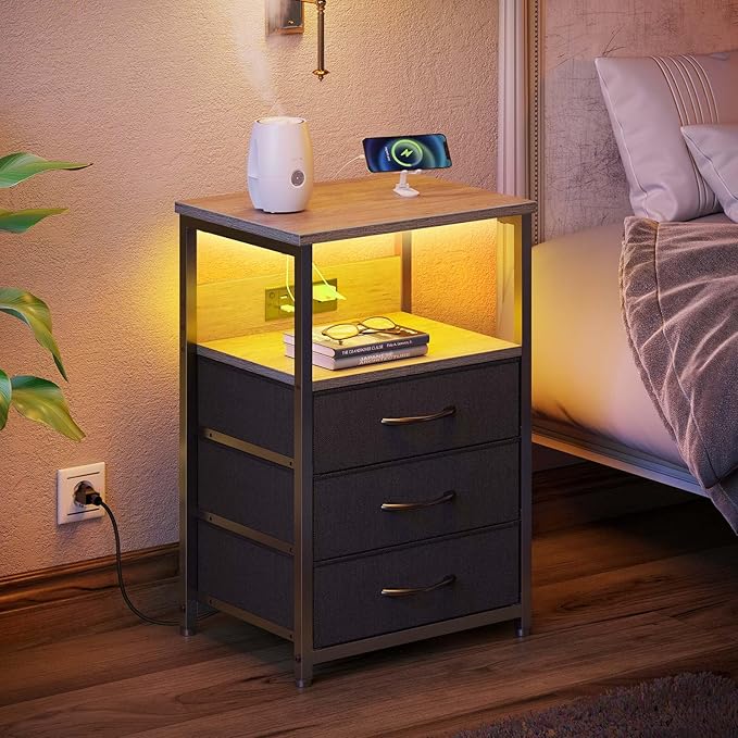 Seventable Nightstand with Charging Station and LED Light, Side Table with 3 Fabric Drawers, Bedside End Table with USB Ports and Outlets, Night Stand for Bedroom, Greige