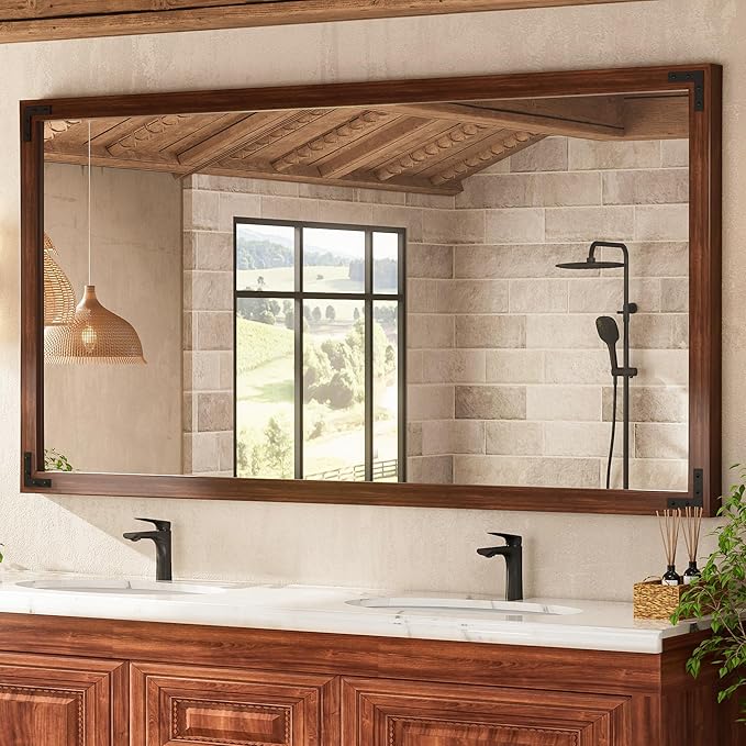 TETOTE 72 x 36 Walnut Wood Mirror for Bathroom Wall/Bedroom/Living Room/Entryway Farmhouse Rustic Bathroom Vanity Mirror Waterproof (Horizontal/Vertical Mounted)