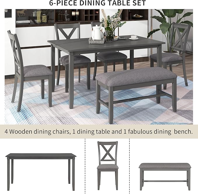 Ball & Cast 6 Piece Dining Table Set with 4 "X-Shaped Curved Backres Fabric Chairs & 1 Bench,Living Room Furniture W/ 60" Rectangle Kitchen Desk,for Restaurant,Home Bistro,Gray