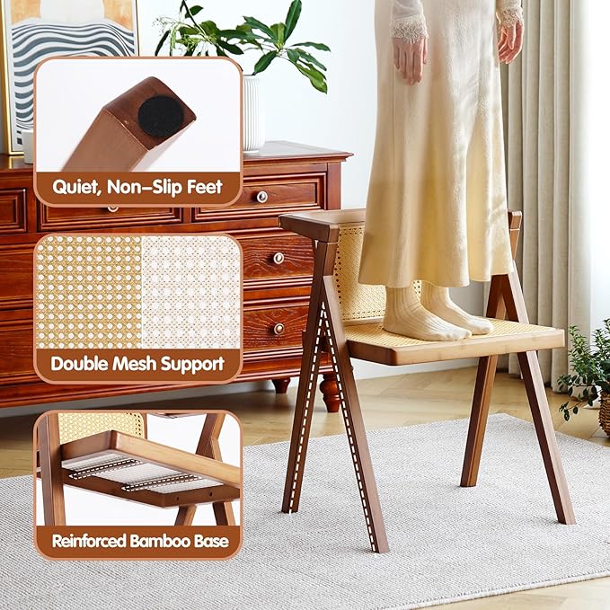 Rattan Dining Chairs Set of 2, Mid-Century Accent Armchair, Wicker Chair, Outdoor Bamboo Chair for Dining Room, Living Room, Bedroom, Kitchen, Walnut