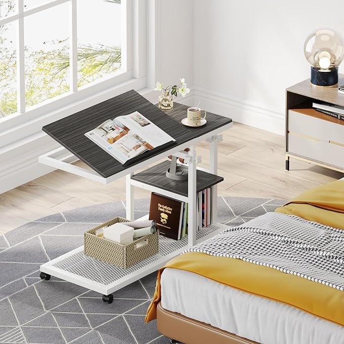 Tribesigns Height Adjustable C Table with Wheels, Mobile Couch Snack Side Table with Tiltable Drawing Board, Sofa Bedside Laptop Stand C Shaped TV Tray with Storage Shelves (Grey+White)