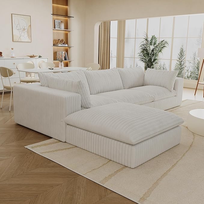 118.2" L Shaped Modular Sectional Cloud Couch with Ottoman, Plush Corduroy Upholstered Compression Sofa, 4-Seat Deep Seat Boneless Sofa Couches with Throw Pillow