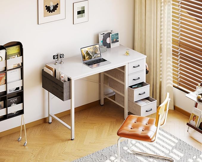 Casaottima 32 inch Small Computer Desk with 4 Fabric Drawers, Side Hook and Cloth Bag, Kids Study Table for Bedroom and Small Space, Pure White