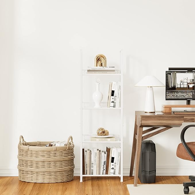 Bookshelf Storage Shelf Small Bookcase Freestanding Storage Stand for Living Room Bedroom, Kitchen, Rust Resistance, Easy Assembly Free Combination Multi-Functional Organizer (4 Tiers, White)