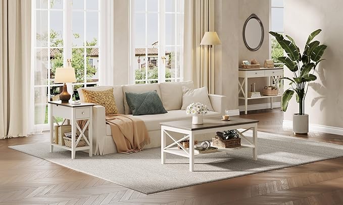 ChooChoo Farmhouse End Table with Charging Station, Accent Small Side Table Nightstand for Living Room, Bedroom, and Small Spaces - Soft White