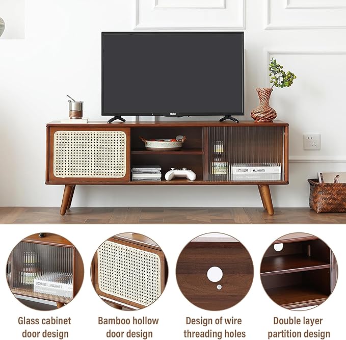 Tiita Rattan TV Stand for 55 Inch TV, Bamboo TV Cabinet with Adjustable Shelf and Storage, Boho Entertainment Center, Mid Century Modern Media Console for Bedroom, Living Room, Study, Walnut