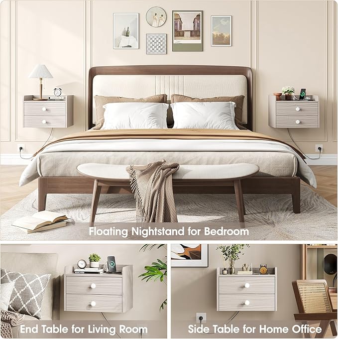 Floating Nightstand Set of 2 with 2 Storage Drawers and Charging Station Wood Wall Mounted Bedside End Table Modern Night Stands Set 2 for Bedroom,Small Space,Grey