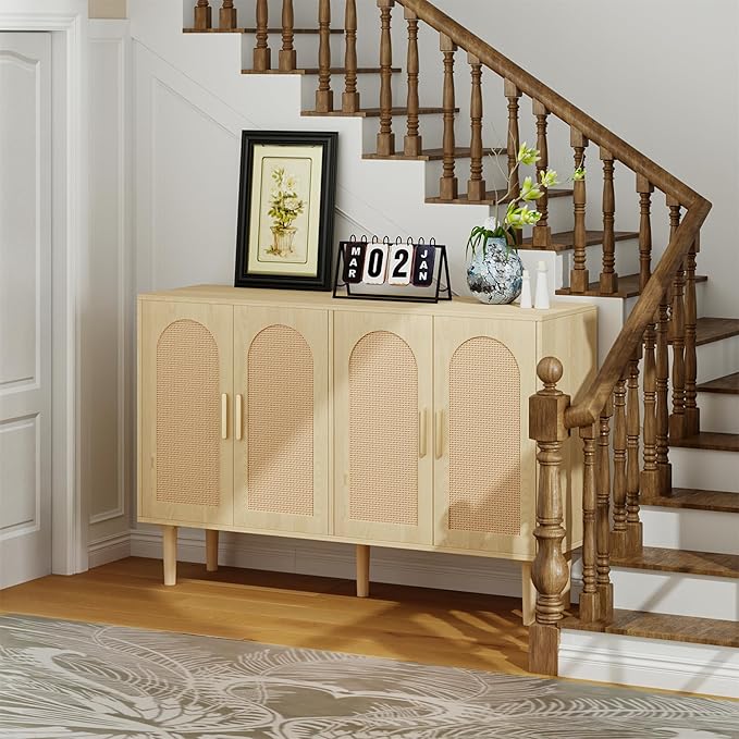 Buffet Cabinet with Storage, KitchenSideboard Cabinet with 4 Rattan Decorated Doors,Modern Accent Credenza Rattan Cabinet for Entryway,Natural