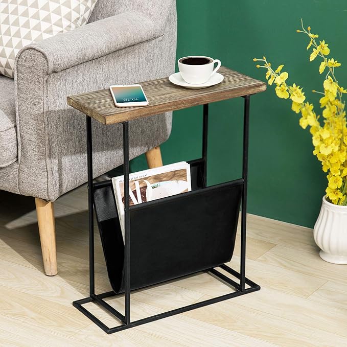 MyGift 21-Inch Modern Narrow Living Room End Table with Hand Torched Solid Wood Tabletop and Black Metal Frame, Bedroom Nightstand Side Table with Magazine Holder Sling