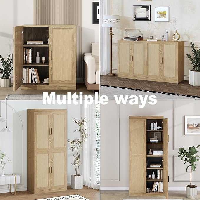 Buffet Cabinet, 4-Doors Sideboard Cabinet with Rattan Panels, Buffet Console Accent Table for Hallway Entryway Dining Room, 72", Oak