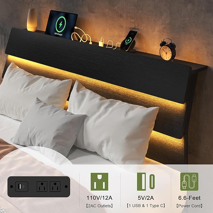 Feonase Floating Bed Frame Full with Led Lights and Charging Station, Wood Full Size Bed Frame with Storage Headboard, Heavy Duty Metal Slats, No Box Spring Needed, Easy Assembly, Noise-Free, Black