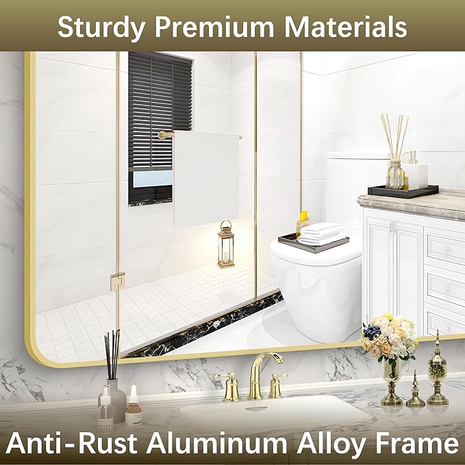 Arched Bathroom Mirror, 30"x48" Gold Arched Mirror for Bathroom, Wall Mounted Mirror, Gold Vanity Wall Mirror w/Metal Frame for Bedroom, Entryway, Living Room, Vertically Hanging