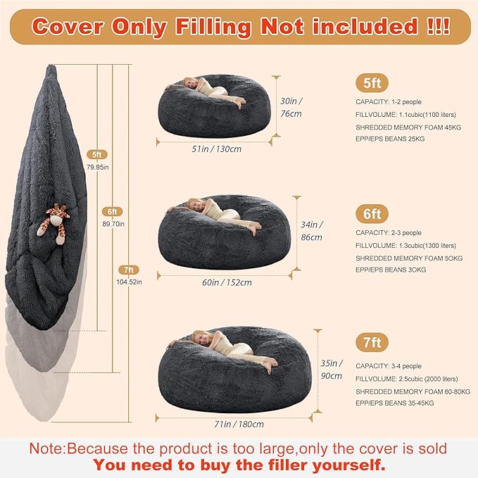 Bean Bag Cover(No Filler), Faux Fur Comfy Bean Bag Chairs for Adults, Washable Bean Bag Chair Cover, Fluffy Plush Giant Bean Bags Chairs for Teens Kids Girls, Anti-Slip, 5FT, Dark Grey