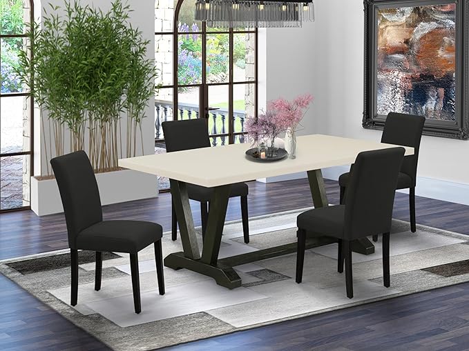 East West Furniture V627AB624-5 5 Piece Dining Set Includes a Rectangle Dining Room Table with V-Legs and 4 Black Color Linen Fabric Upholstered Parson Chairs, 40x72 Inch, Multi-Color