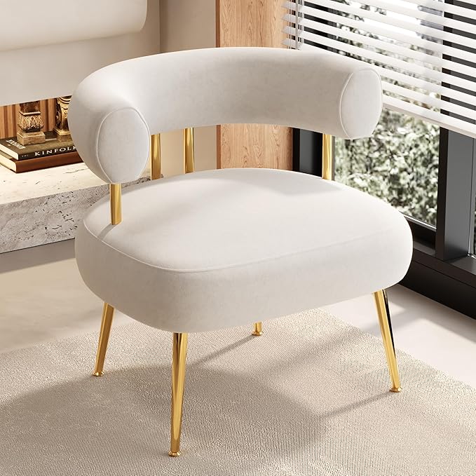 Modern Velvet Accent Chair, Round Upholstered Barrel Armchair for Small Spaces, Fluffy Side Corner Sofa Chair for Living Room, Bedroom, Vanity, Office, Reading Nook(Cream White)