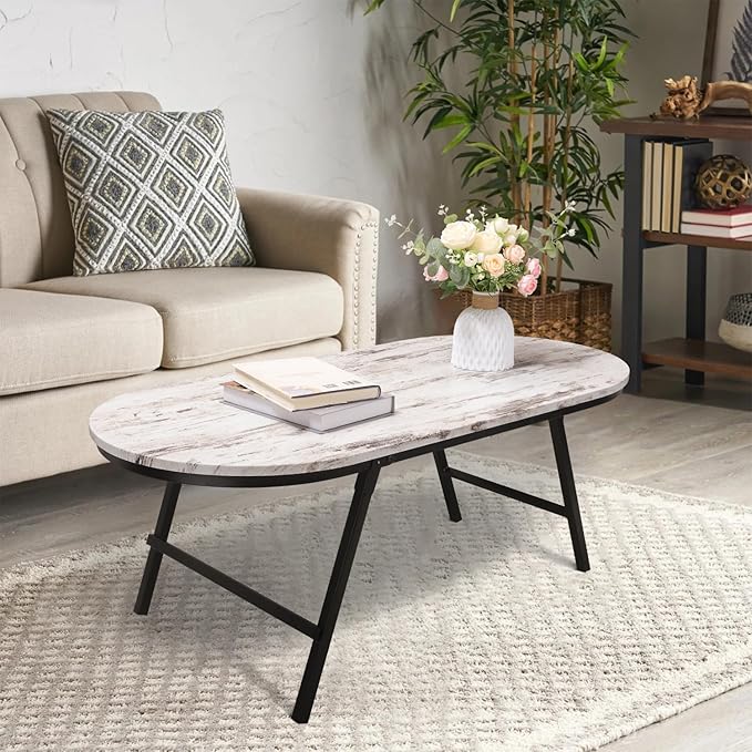 Folding Small Coffee Table Wood Low Coffee Tables with Metal Legs Portable Oval Center Table Rustic Farmhouse Furniture for Living Room Small Spaces Apartment