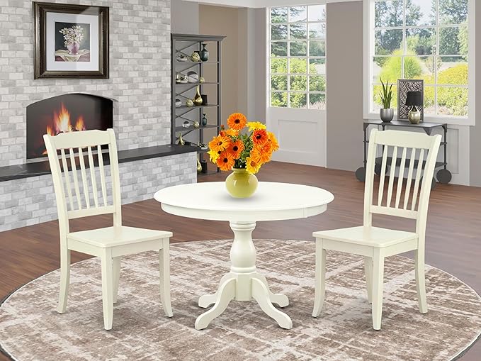 East West Furniture HBDA3-LWH-W 3 Piece Modern Dining Table Set Contains a Round Wooden Table with Pedestal and 2 Dining Chairs, 42x42 Inch, Linen White