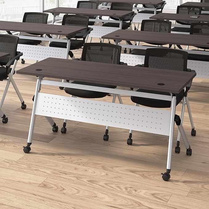 Bush Business Furniture Folding Training Table Set for 2, 72 inch Desk with Powered Grommets and 2 Chairs with Arms, Commercial-Grade Bundle for Office or Classroom, Envision Collection, Gray