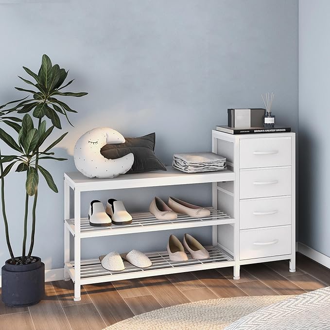 EXOTICA 3-Tier Shoe Storage Bench White Entryway Shoe Rack with 4 Drawers and Seating Shoe Shelf Storage Cabinet for Hallway Front Door Doorway Living Room Mudroom Steel Frame