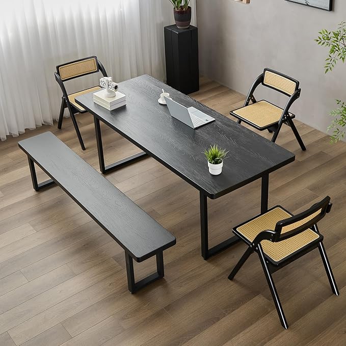 Modern Solid Wood Dining Table with Metal Base Stylish Durable Dining Room Table in Black Multiple Sizes Home Use Office Desk(78.74in)