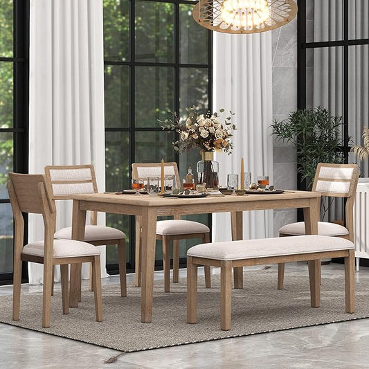 Ball & Cast 6 Piece Dining Table Set with 4 Upholstered Chairs & 1 Bench,Wooden Living Room Furniture W/ 60" Rectangle Kitchen Desk,for Restaurant,Home Bistro,Natural Wood Wash