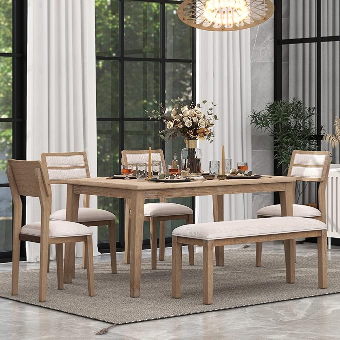 6 Pieces Dining Table Set with 60" Rectangle Kitchen Desk,Wooden Living Room Furniture W/ 4 Upholstered Chairs & 1 Bench,for Restaurant,Home Bistro,Natural Wood Wash