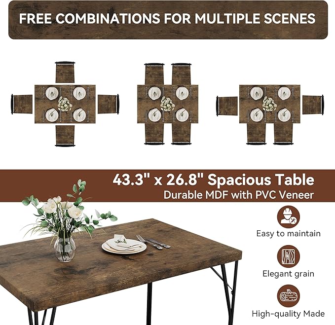 Vipbear Kitchen Dining Table Set for 4, 5-Piece Kitchen Table Set with 1.6“ Thick Tabletop,Dining Room Table Sets,Kitchen Table Set with 4 Chairs for Small Space, Dinette,Apartment,Retro Brown