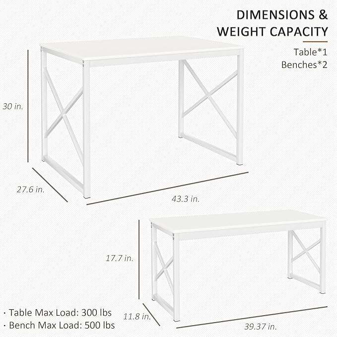 VECELO Dining Table with 2 Benches for 4, 43.3'' Wood Kitchen Room Dinette Sets with Metal Frame for Breakfast Nook and Small Space, White