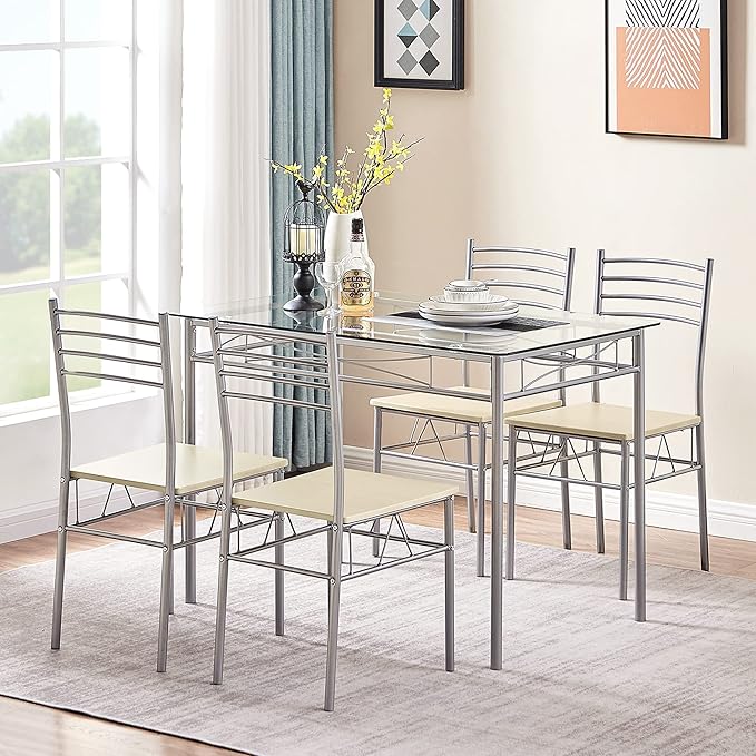 VECELO Kitchen Dining Room Table and Chairs 4, 5-Piece Dinette Sets, Space Saving (Silver)